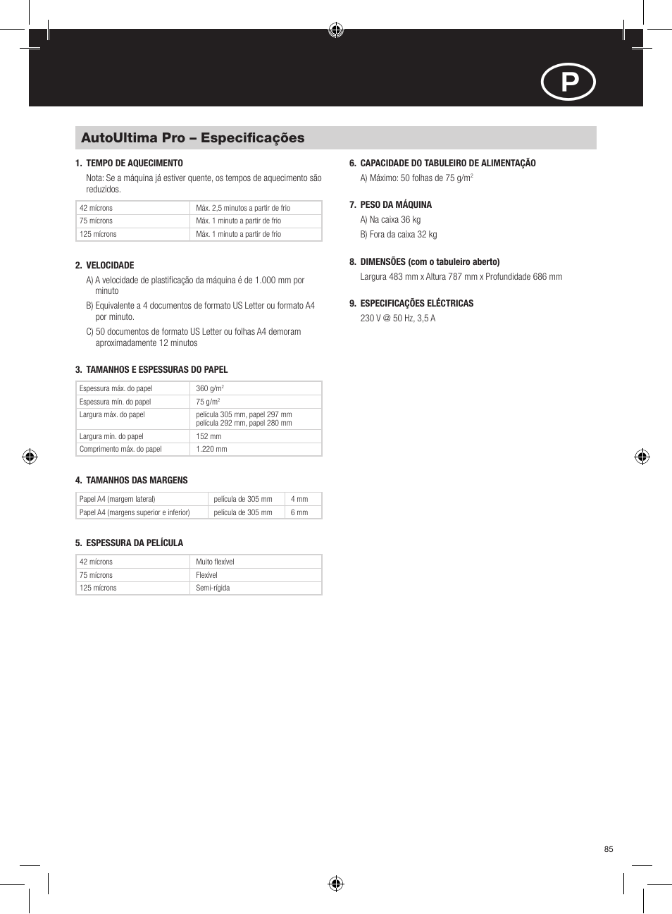 Autoultima pro – especificações | GBC AutoUltima Pro HiRes User Manual | Page 85 / 150
