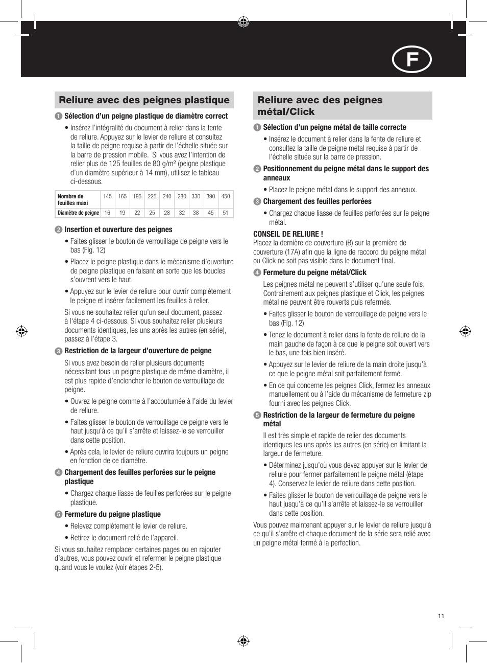 Reliure avec des peignes plastique, Reliure avec des peignes métal/click | GBC 420 MultiBind User Manual | Page 11 / 74