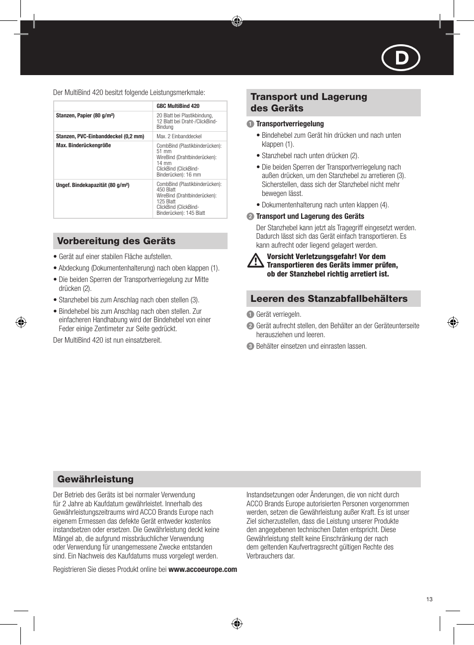 Gewährleistung, Vorbereitung des geräts, Transport und lagerung des geräts | Leeren des stanzabfallbehälters | GBC 420 MultiBind User Manual | Page 13 / 74