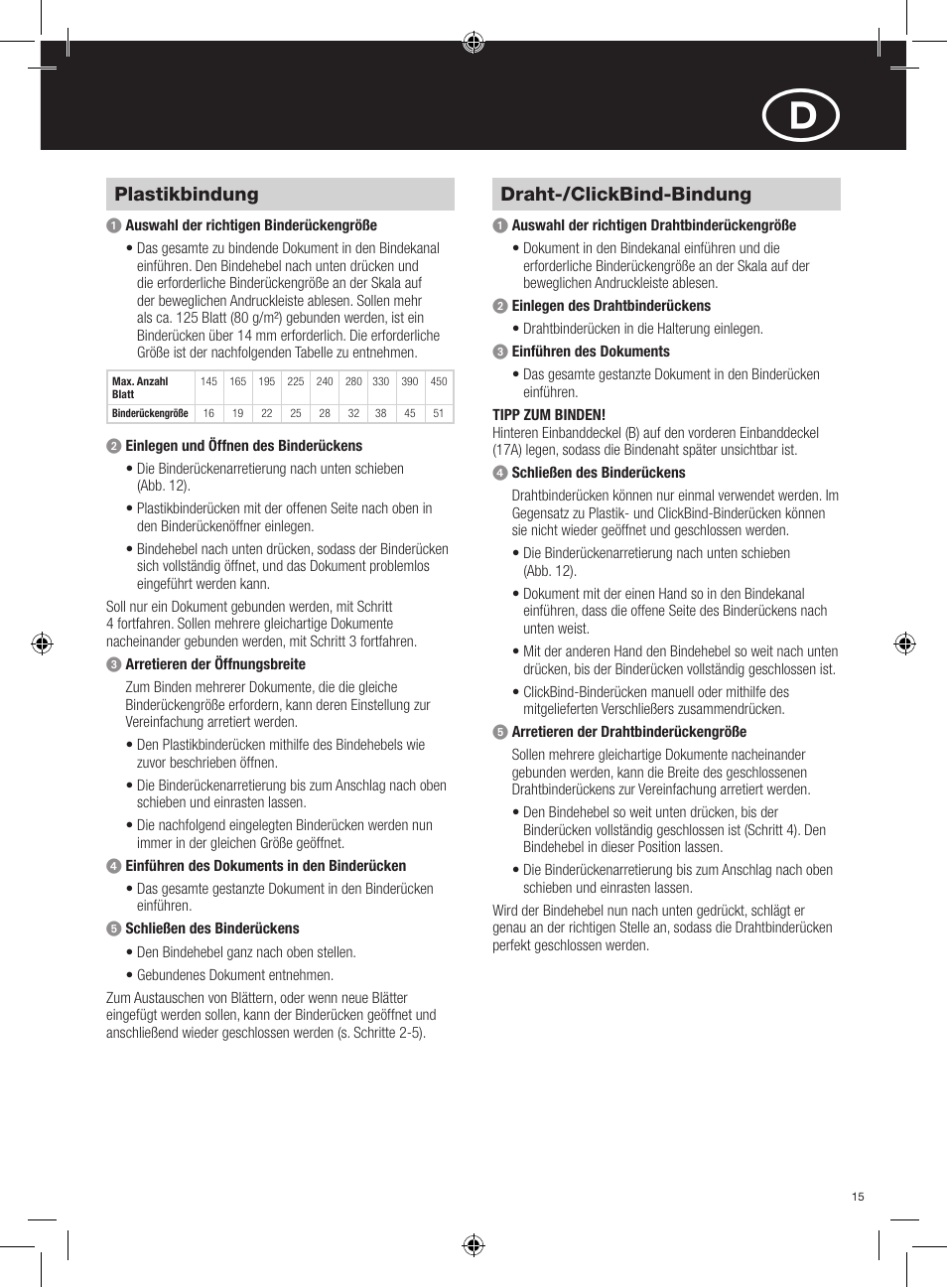 Plastikbindung, Draht-/clickbind-bindung | GBC 420 MultiBind User Manual | Page 15 / 74