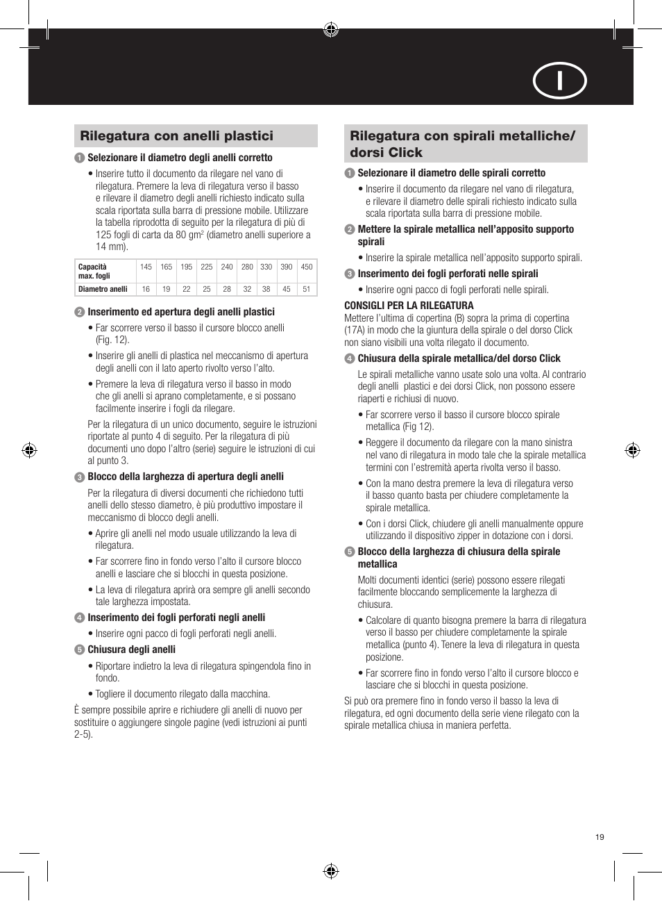 Rilegatura con anelli plastici, Rilegatura con spirali metalliche/ dorsi click | GBC 420 MultiBind User Manual | Page 19 / 74