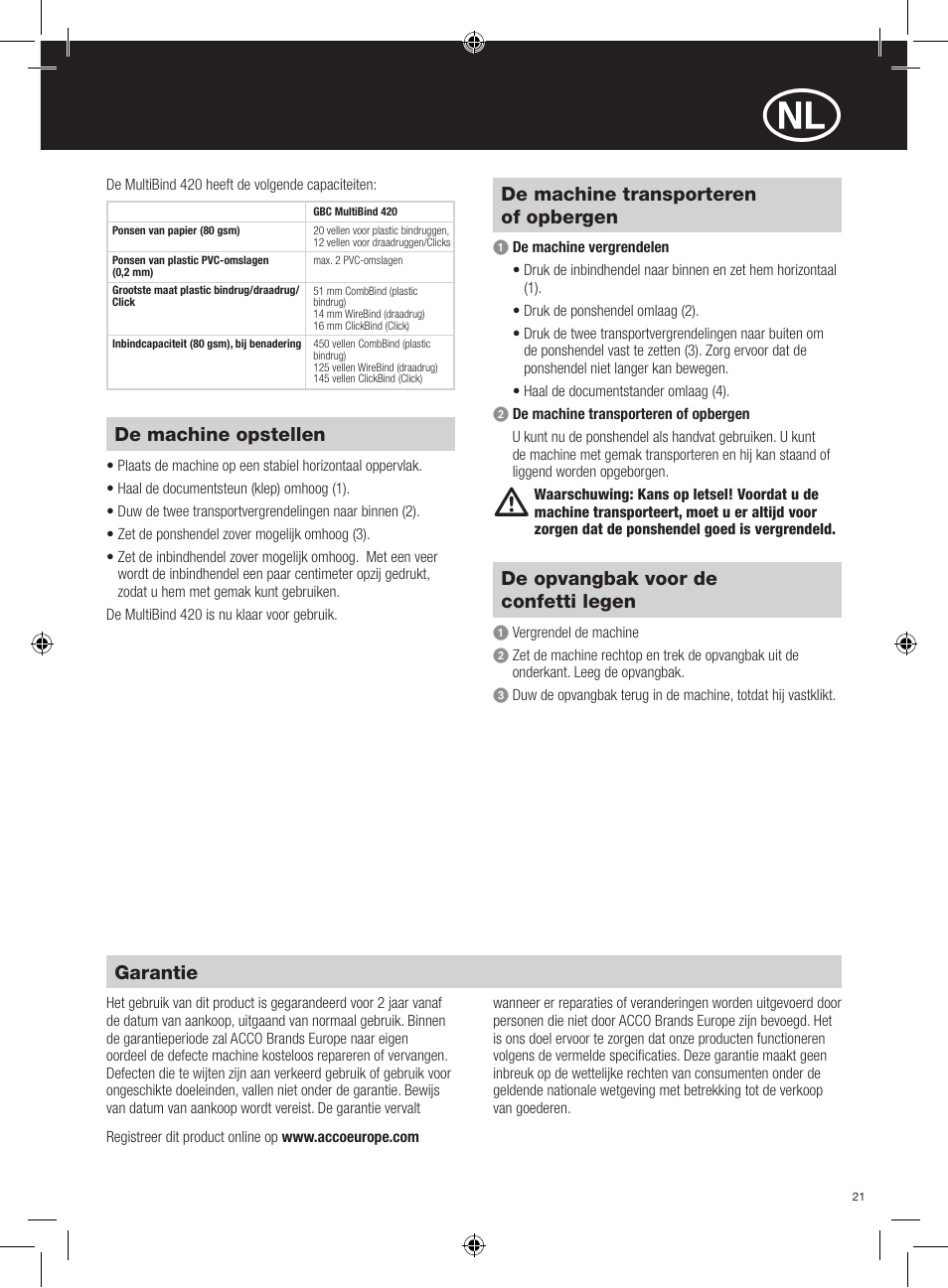 Garantie, De machine opstellen, De machine transporteren of opbergen | De opvangbak voor de confetti legen | GBC 420 MultiBind User Manual | Page 21 / 74