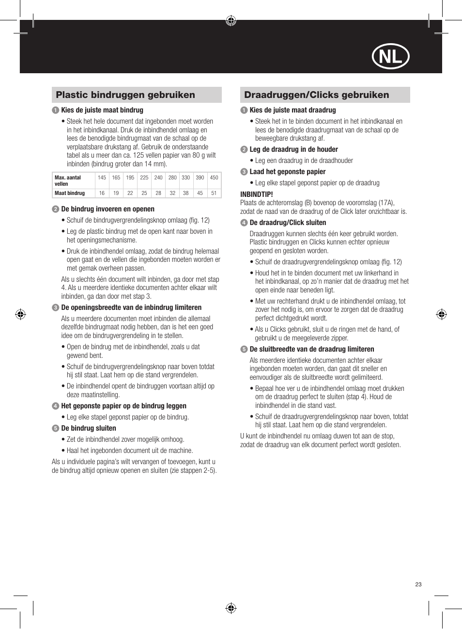Plastic bindruggen gebruiken, Draadruggen/clicks gebruiken | GBC 420 MultiBind User Manual | Page 23 / 74