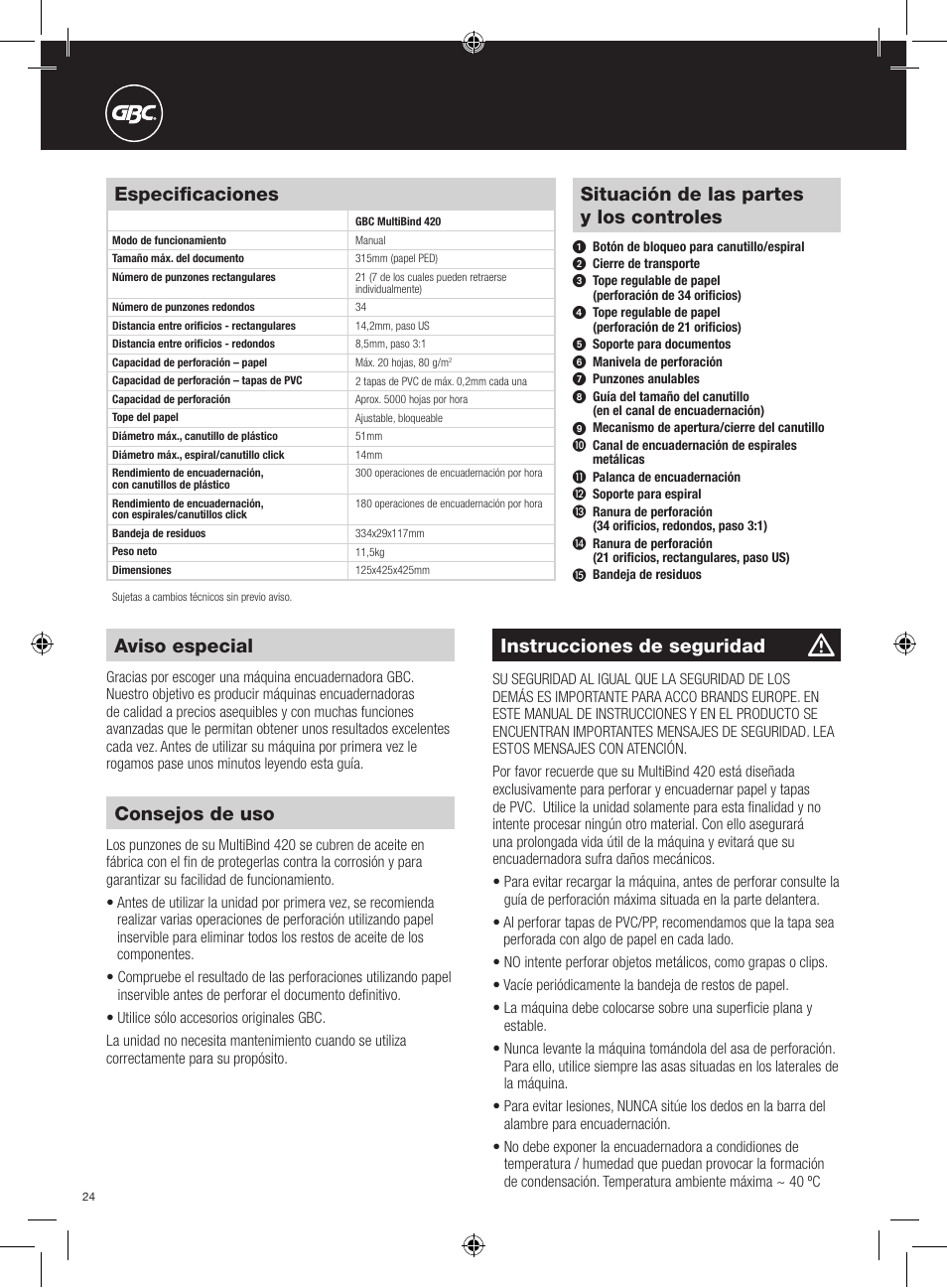 Instrucciones de seguridad, Aviso especial, Situación de las partes y los controles | Especificaciones, Consejos de uso | GBC 420 MultiBind User Manual | Page 24 / 74