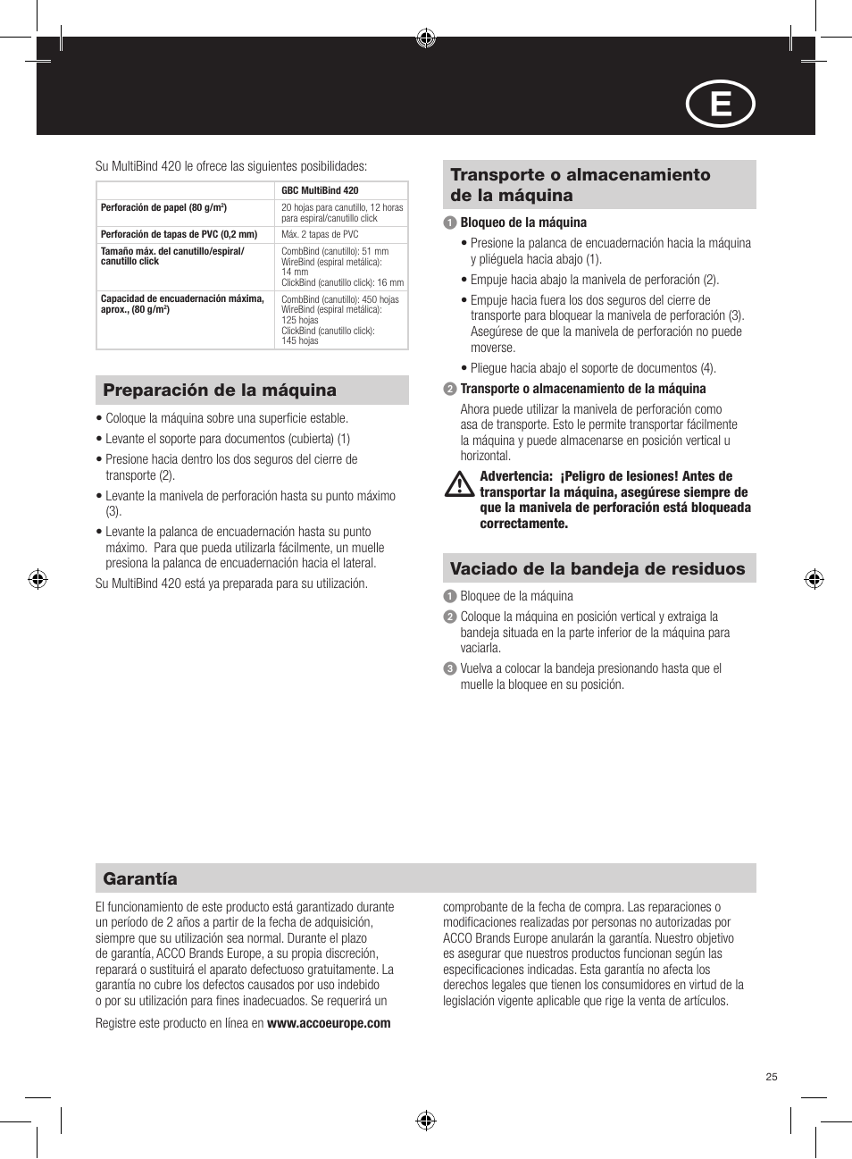 Garantía, Preparación de la máquina, Transporte o almacenamiento de la máquina | Vaciado de la bandeja de residuos | GBC 420 MultiBind User Manual | Page 25 / 74