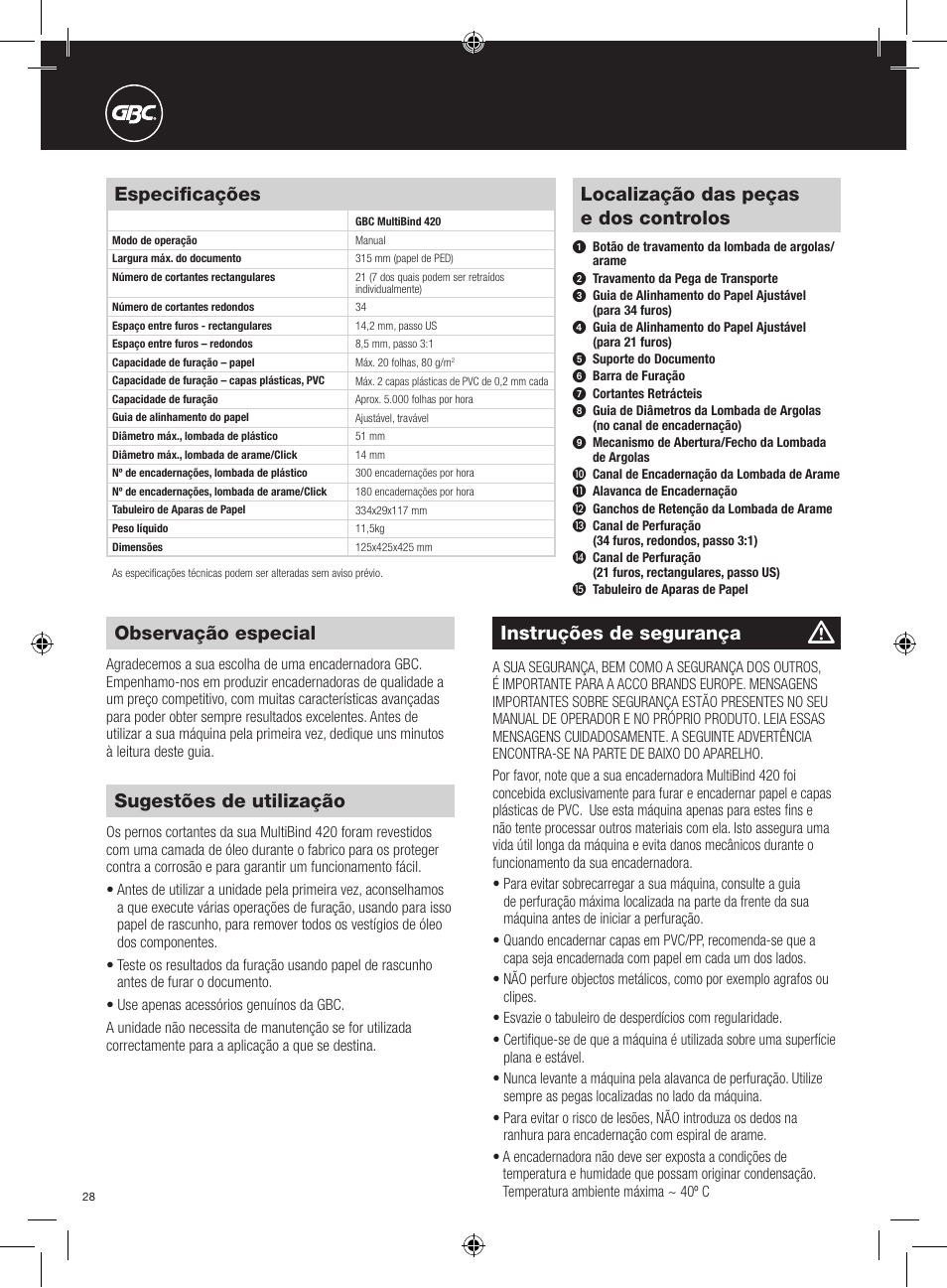 Instruções de segurança, Observação especial, Localização das peças e dos controlos | Especificações, Sugestões de utilização | GBC 420 MultiBind User Manual | Page 28 / 74