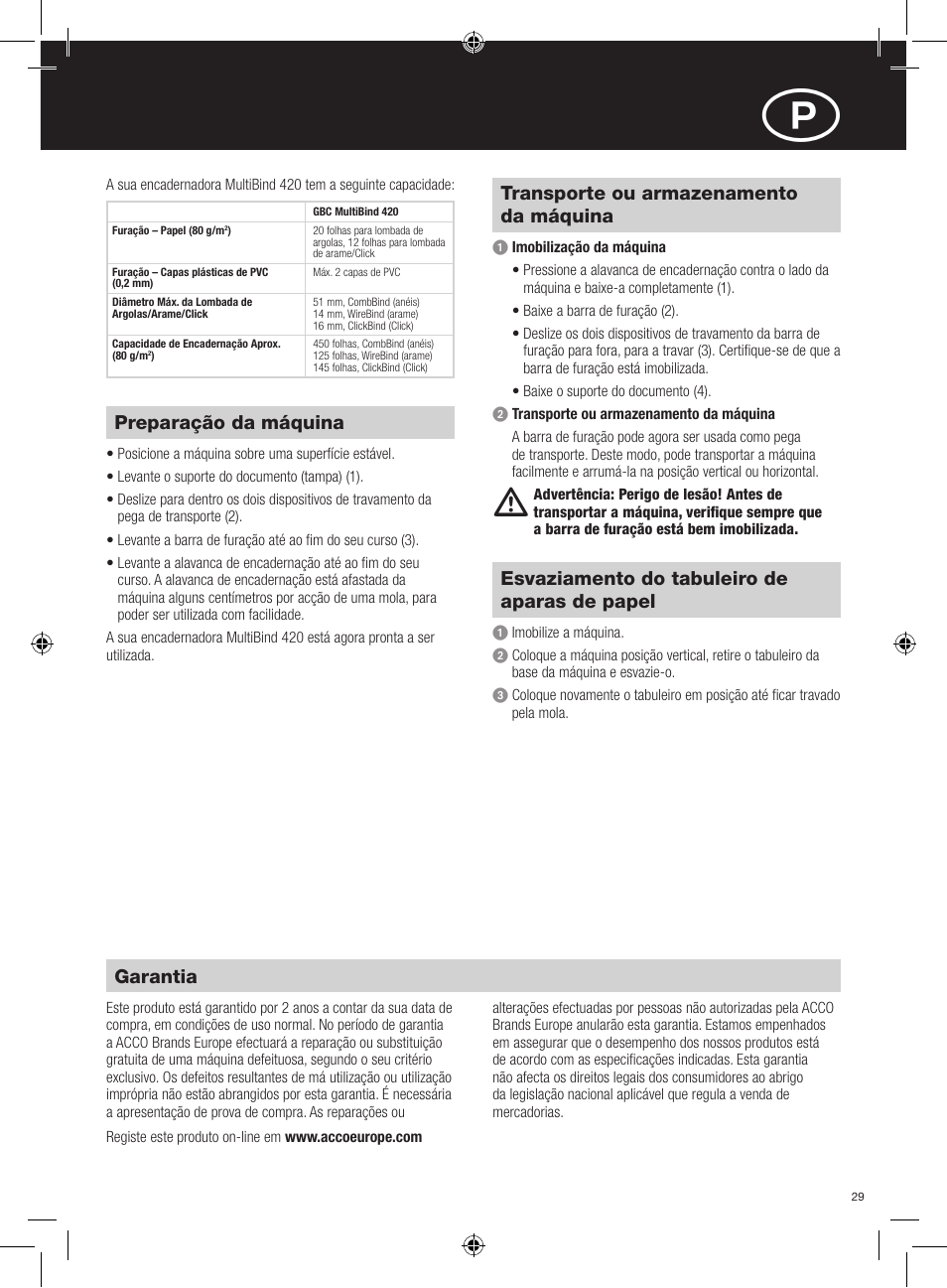 Garantia, Preparação da máquina, Transporte ou armazenamento da máquina | Esvaziamento do tabuleiro de aparas de papel | GBC 420 MultiBind User Manual | Page 29 / 74