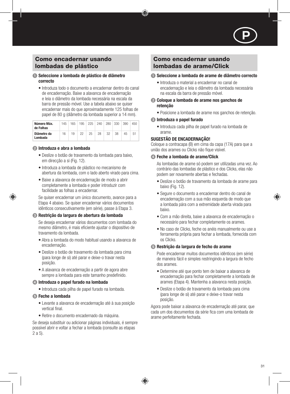 Como encadernar usando lombadas de plástico, Como encadernar usando lombadas de arame/click | GBC 420 MultiBind User Manual | Page 31 / 74