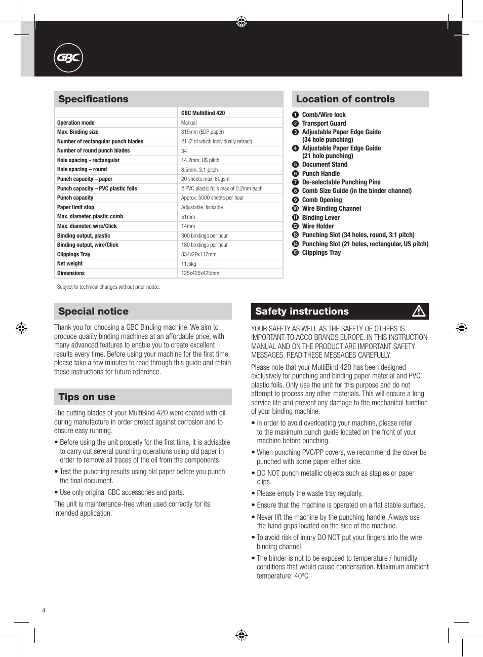 Location of controls, Special notice, Safety instructions | Specifications, Tips on use | GBC 420 MultiBind User Manual | Page 4 / 74