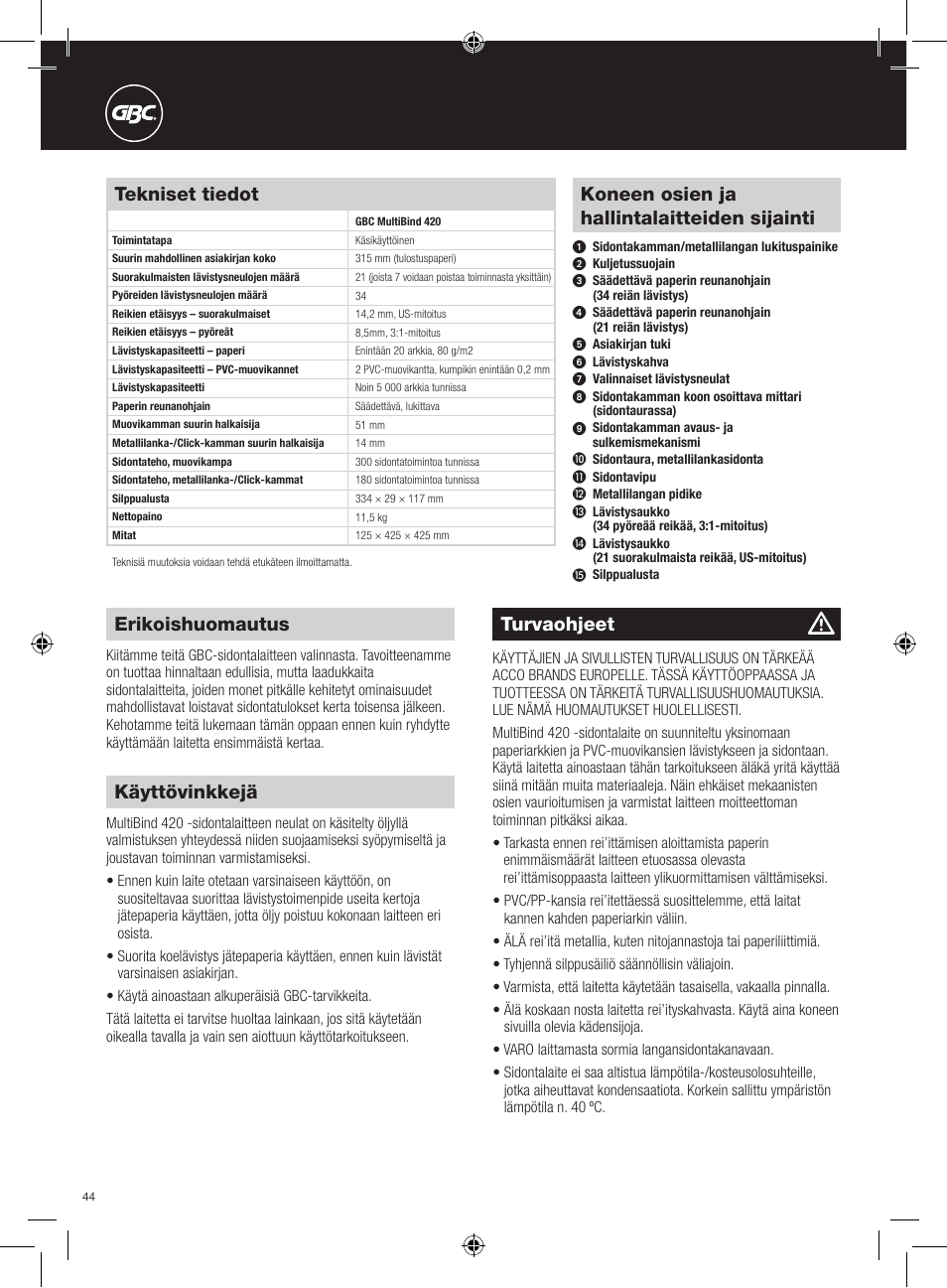 Turvaohjeet, Erikoishuomautus, Koneen osien ja hallintalaitteiden sijainti | Tekniset tiedot, Käyttövinkkejä | GBC 420 MultiBind User Manual | Page 44 / 74