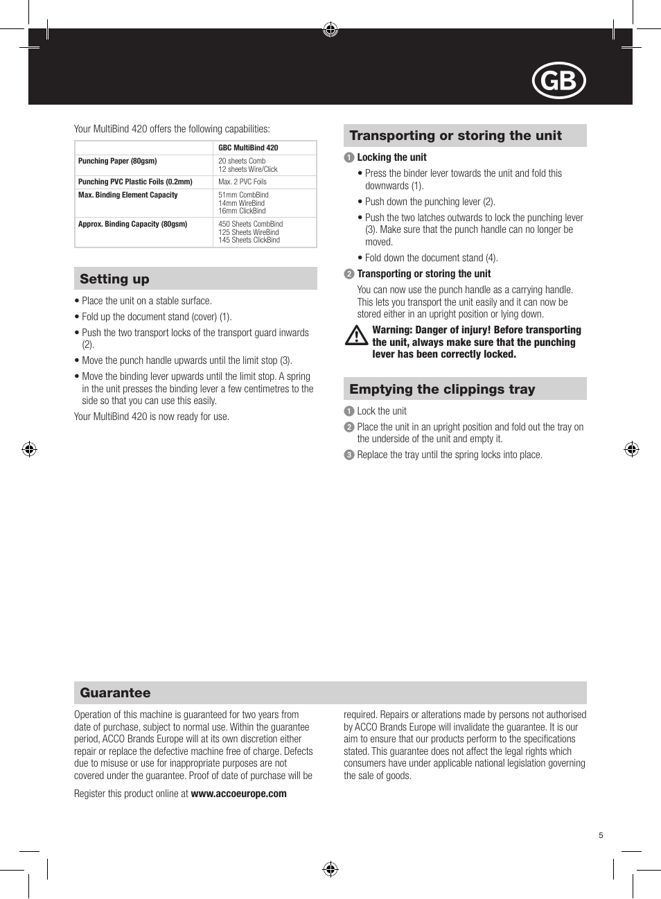 GBC 420 MultiBind User Manual | Page 5 / 74