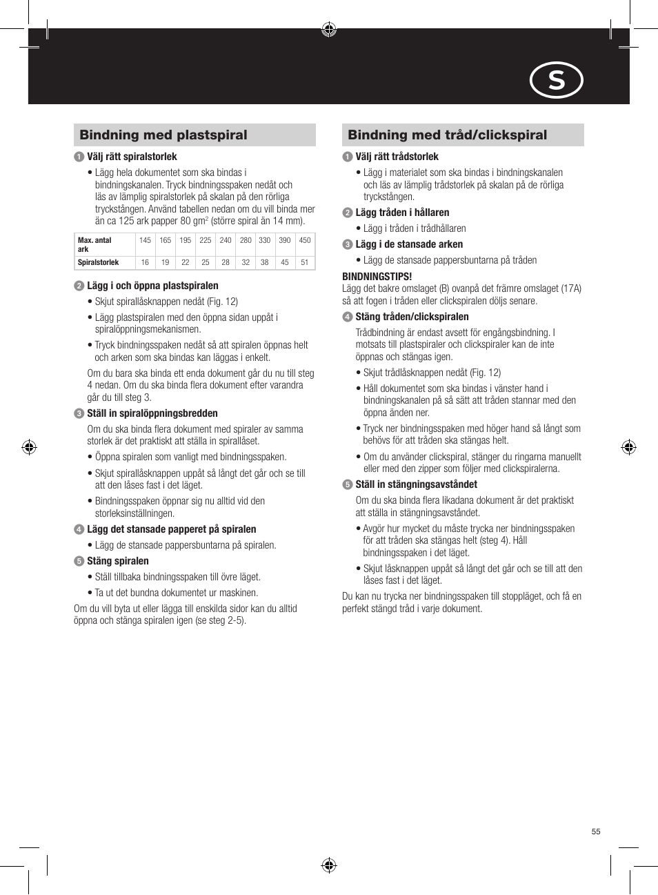 Bindning med plastspiral, Bindning med tråd/clickspiral | GBC 420 MultiBind User Manual | Page 55 / 74