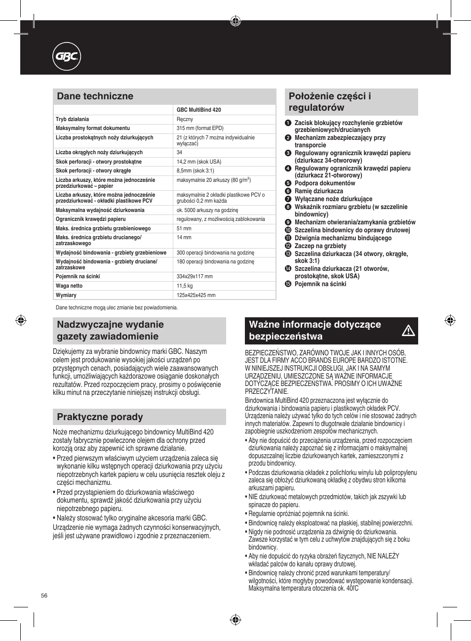 Ważne informacje dotyczące bezpieczeństwa, Dane techniczne, Praktyczne porady | GBC 420 MultiBind User Manual | Page 56 / 74
