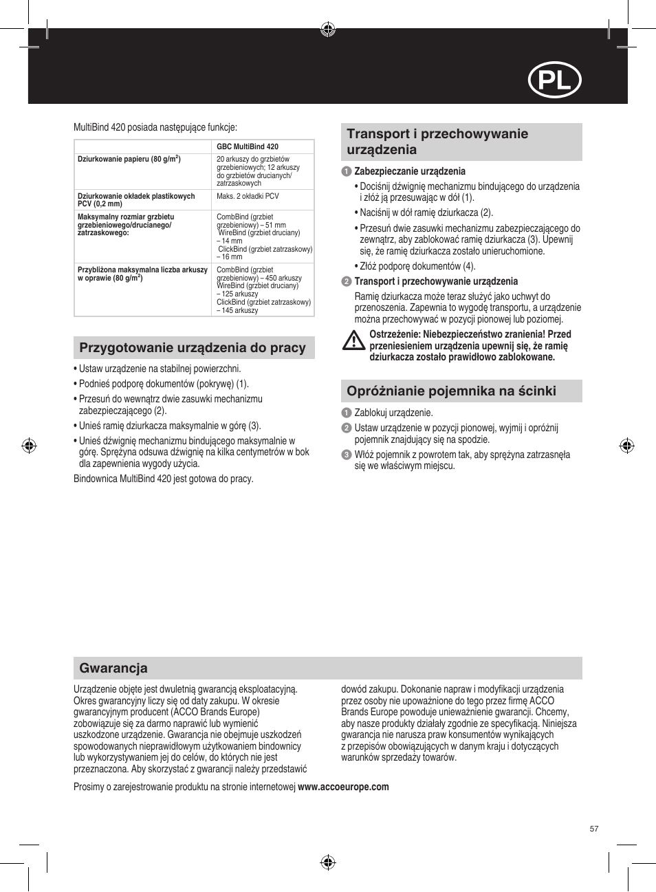 Gwarancja, Przygotowanie urządzenia do pracy, Transport i przechowywanie urządzenia | Opróżnianie pojemnika na ścinki | GBC 420 MultiBind User Manual | Page 57 / 74