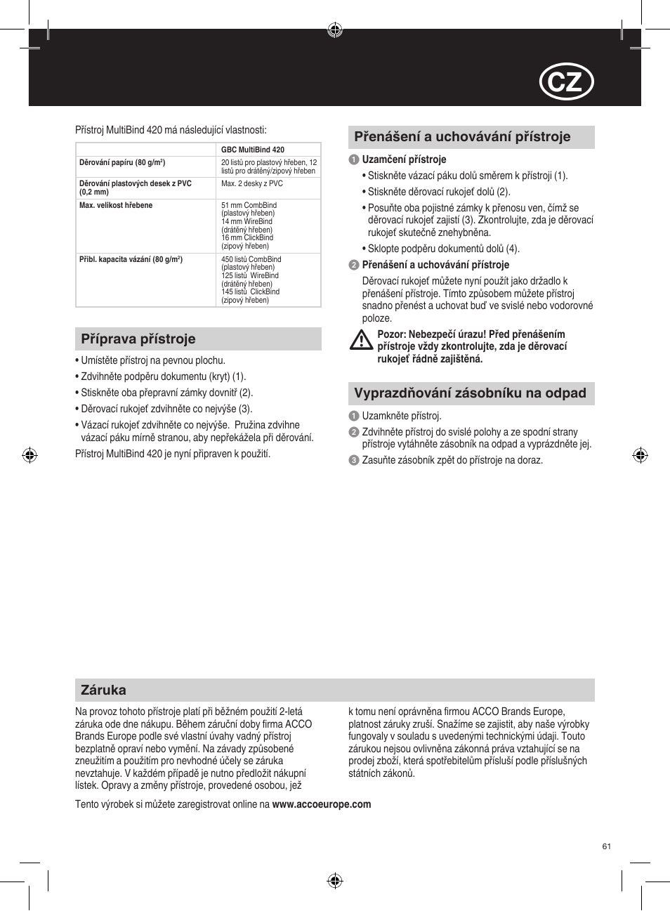 Záruka, Příprava přístroje, Přenášení a uchovávání přístroje | Vyprazdňování zásobníku na odpad | GBC 420 MultiBind User Manual | Page 61 / 74