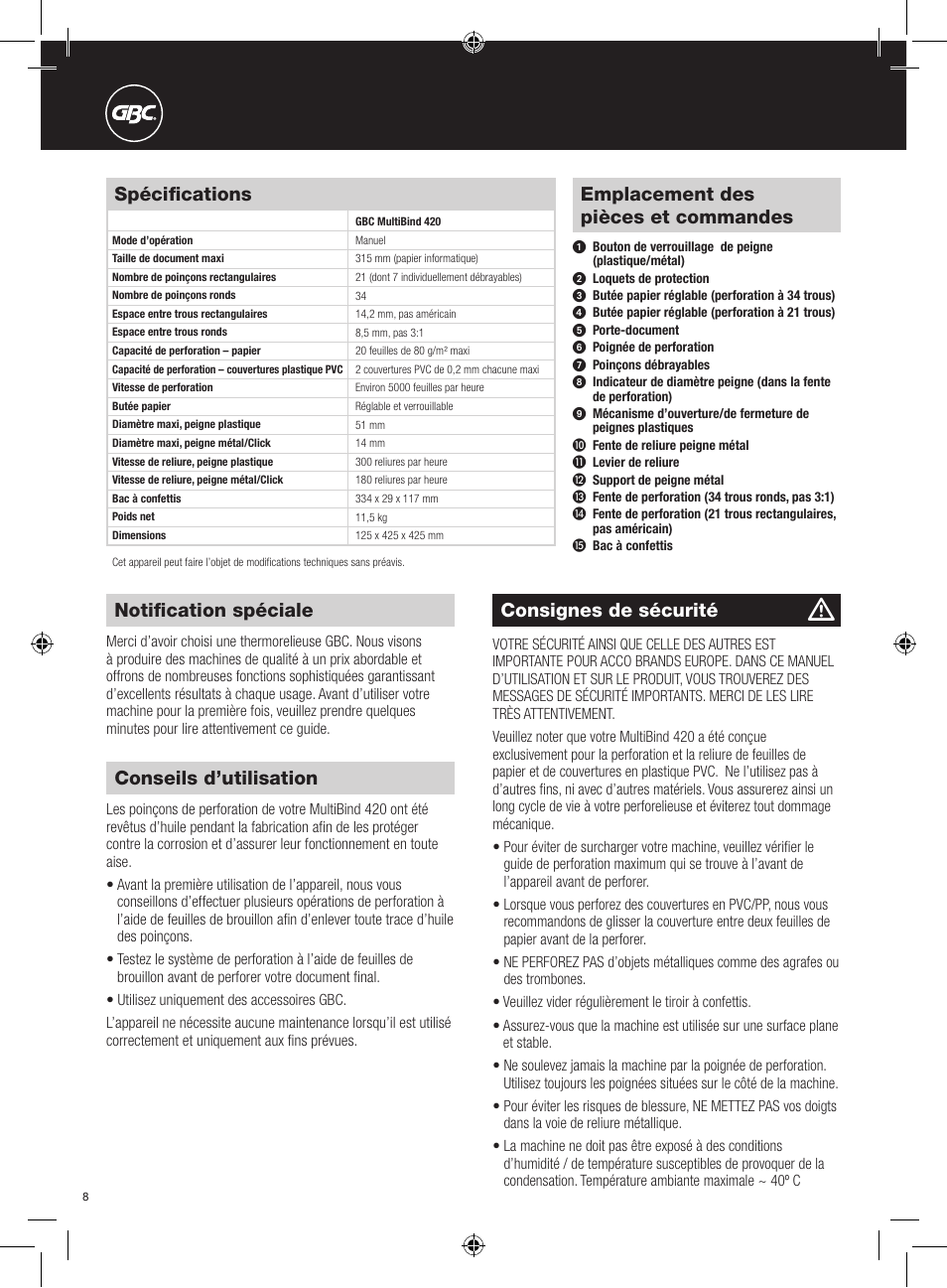 Consignes de sécurité, Notification spéciale, Emplacement des pièces et commandes | Spécifications, Conseils d’utilisation | GBC 420 MultiBind User Manual | Page 8 / 74