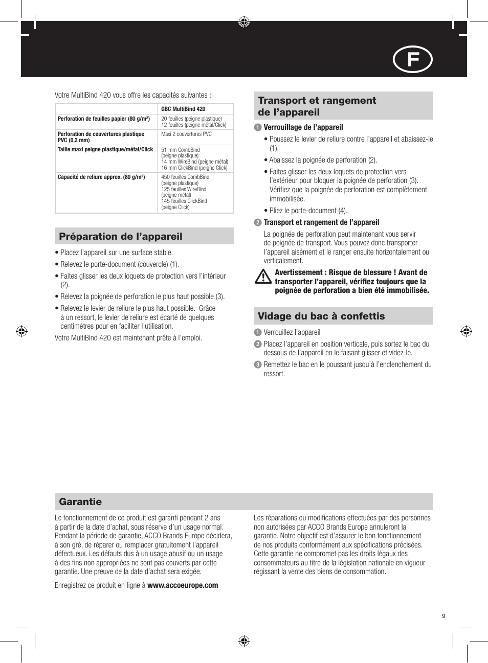 Garantie, Préparation de l’appareil, Transport et rangement de l’appareil | Vidage du bac à confettis | GBC 420 MultiBind User Manual | Page 9 / 74