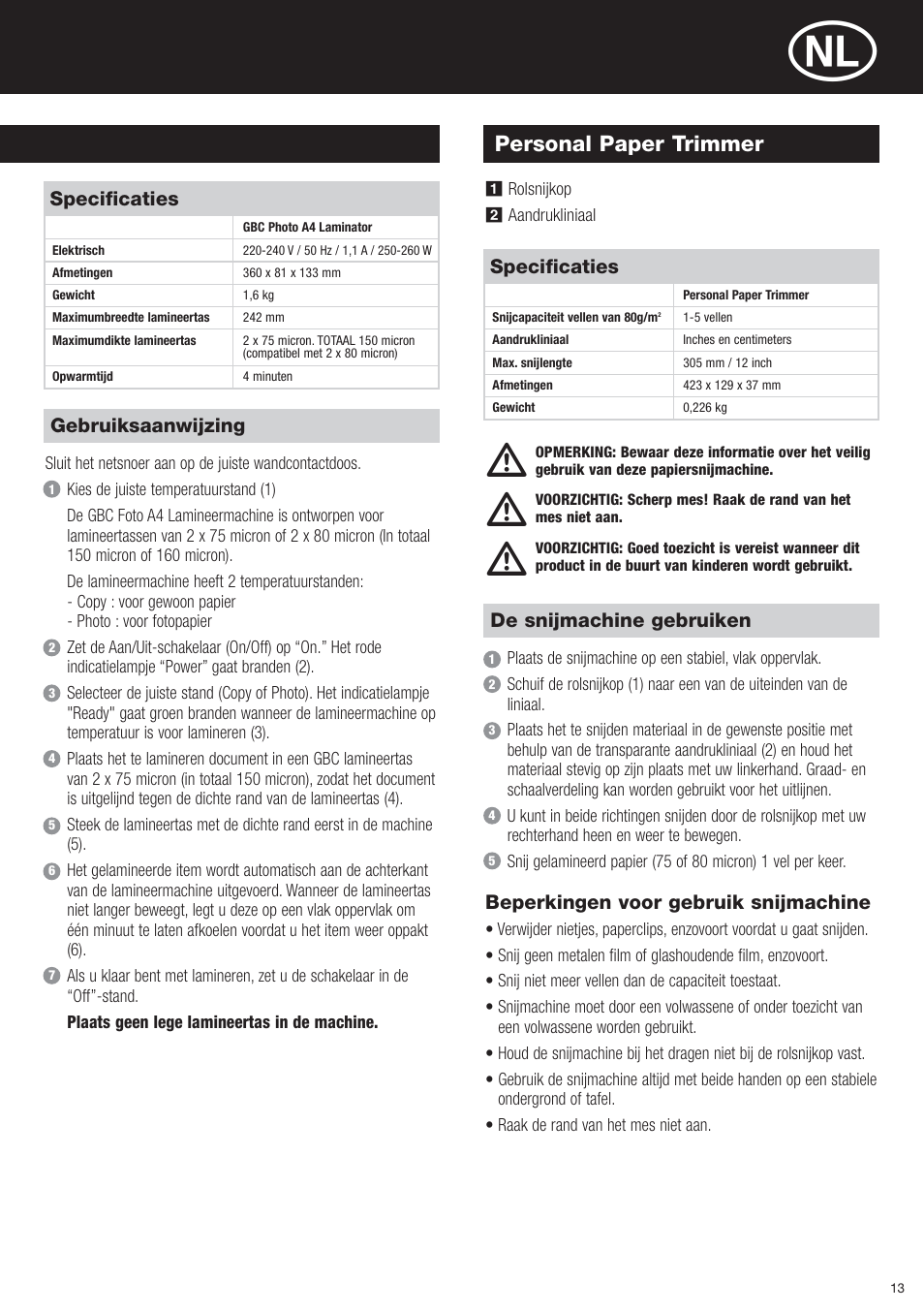 Personal paper trimmer | GBC Photo Laminator and Trimmer User Manual | Page 13 / 18