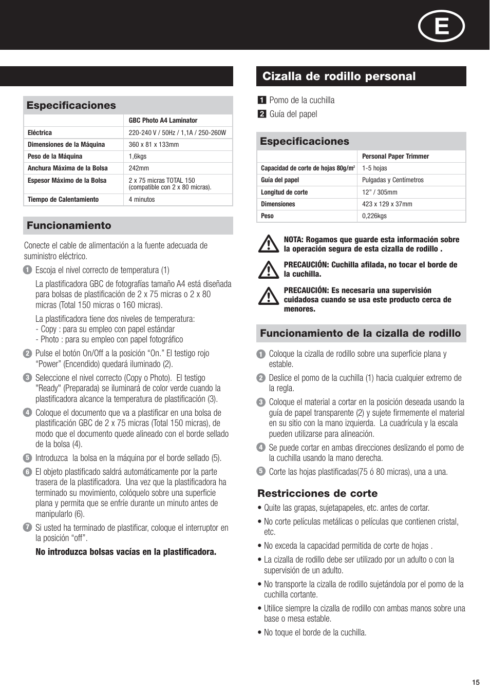 Cizalla de rodillo personal | GBC Photo Laminator and Trimmer User Manual | Page 15 / 18