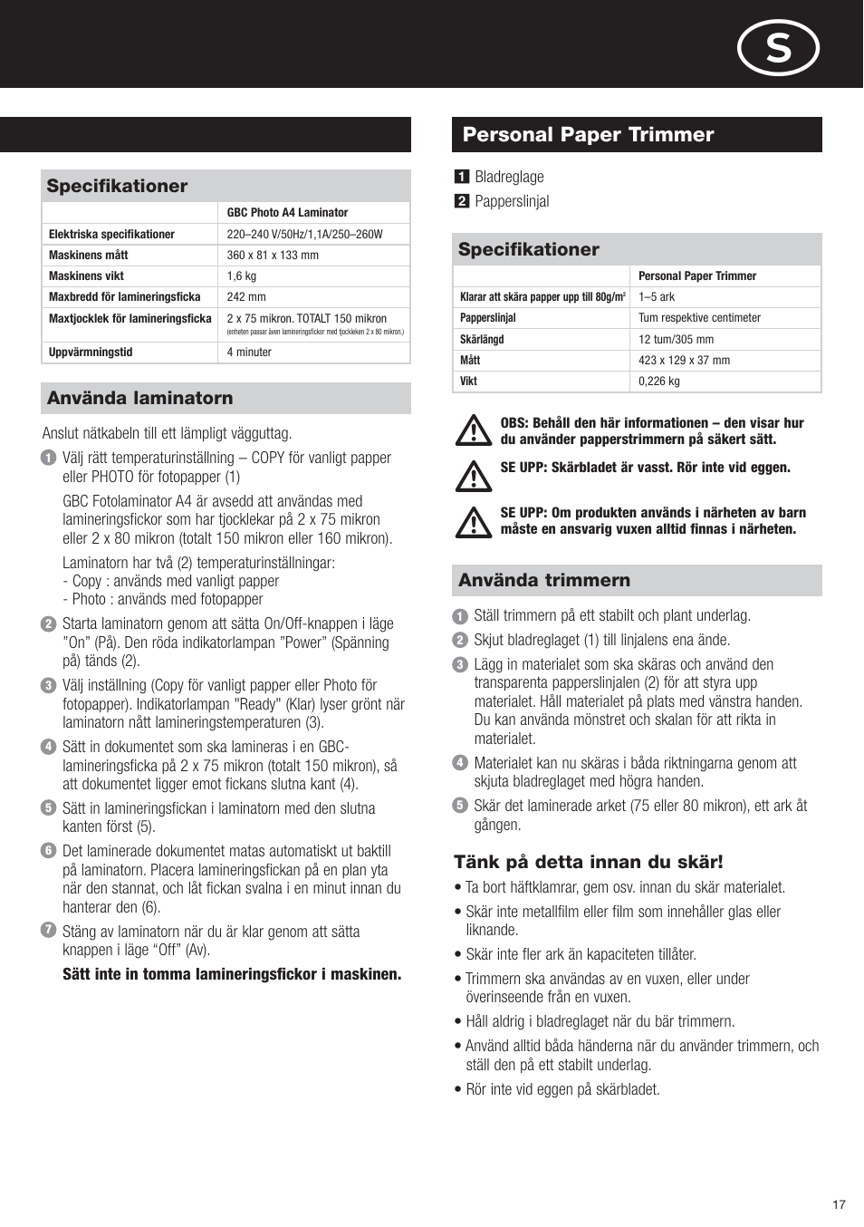 Personal paper trimmer | GBC Photo Laminator and Trimmer User Manual | Page 17 / 18