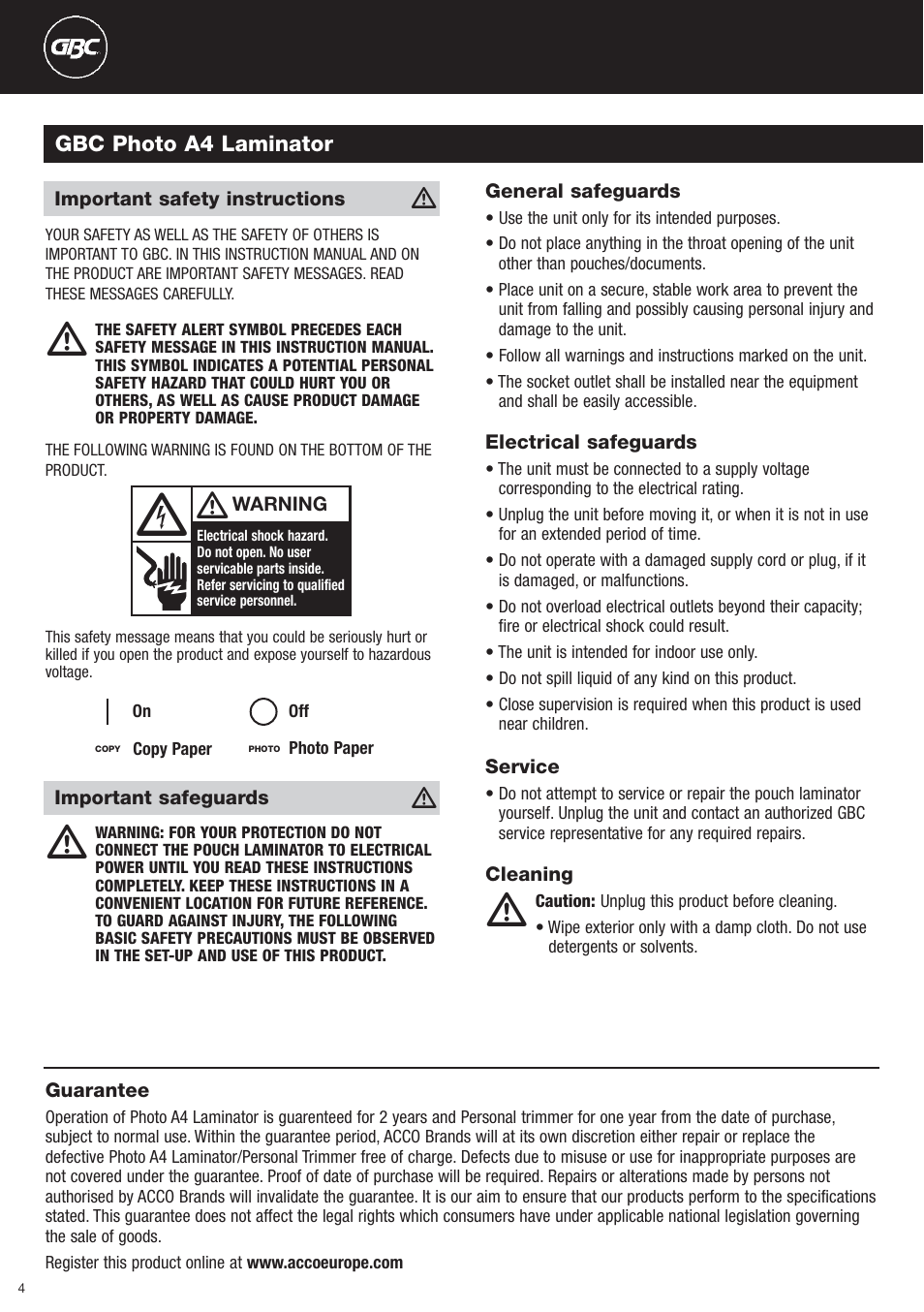 GBC Photo Laminator and Trimmer User Manual | Page 4 / 18