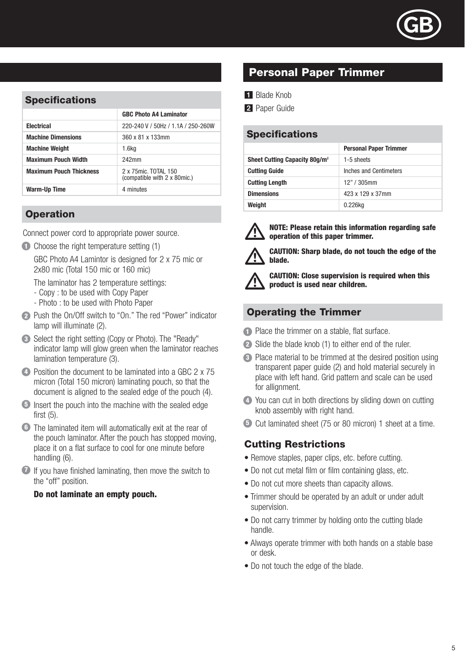 Personal paper trimmer | GBC Photo Laminator and Trimmer User Manual | Page 5 / 18
