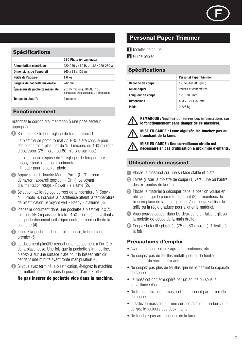 Personal paper trimmer | GBC Photo Laminator and Trimmer User Manual | Page 7 / 18