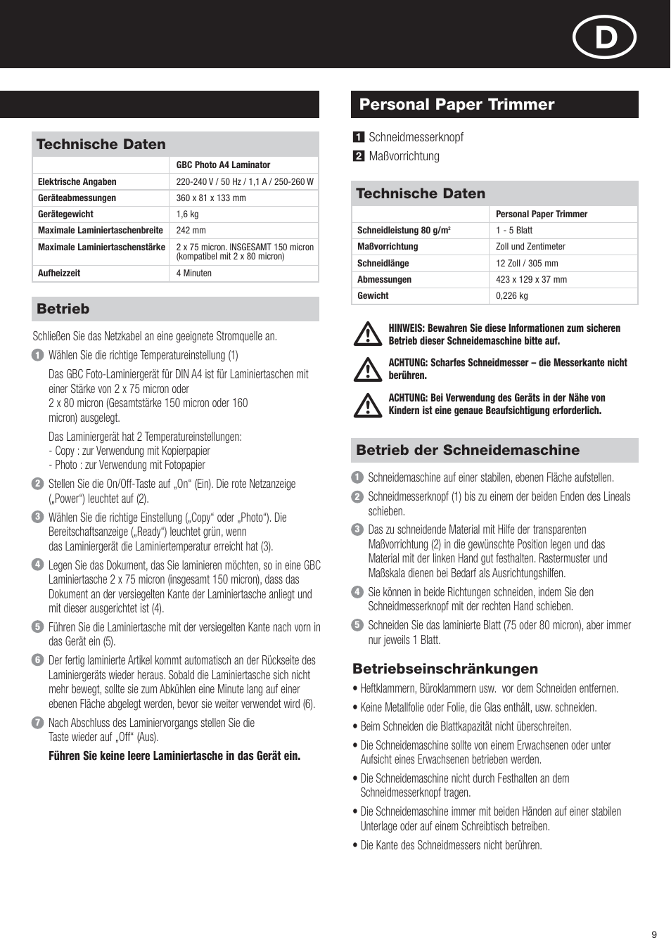 Personal paper trimmer | GBC Photo Laminator and Trimmer User Manual | Page 9 / 18