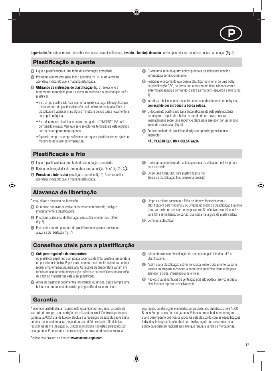 Garantia, Conselhos úteis para a plastificação, Alavanca de libertação | Plastificação a frio, Plastificação a quente | GBC H312 HeatSeal User Manual | Page 17 / 38