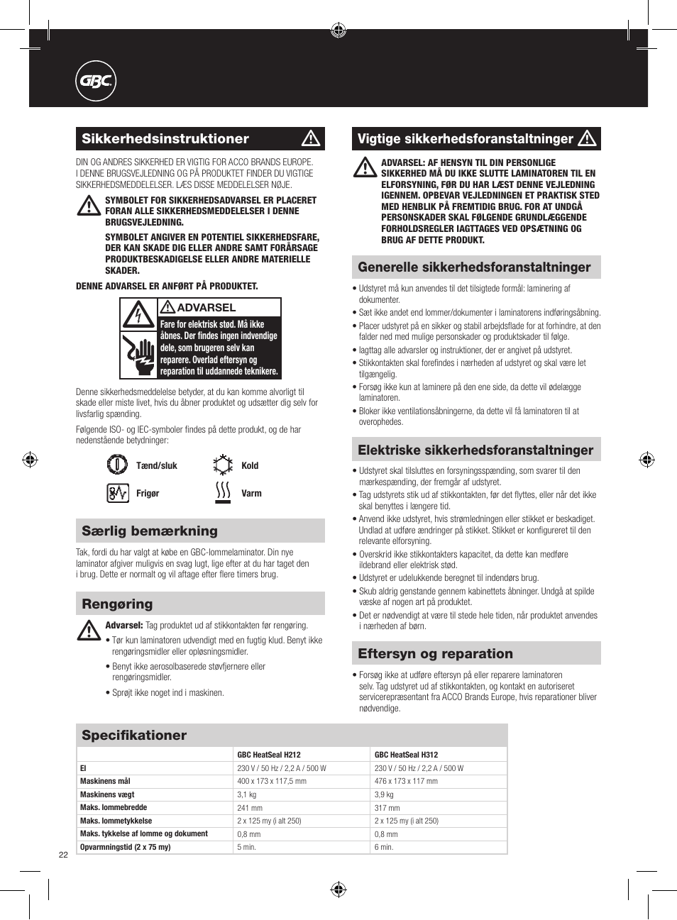 Særlig bemærkning, Eftersyn og reparation, Generelle sikkerhedsforanstaltninger | Sikkerhedsinstruktioner, Vigtige sikkerhedsforanstaltninger, Rengøring specifikationer, Elektriske sikkerhedsforanstaltninger | GBC H312 HeatSeal User Manual | Page 22 / 38