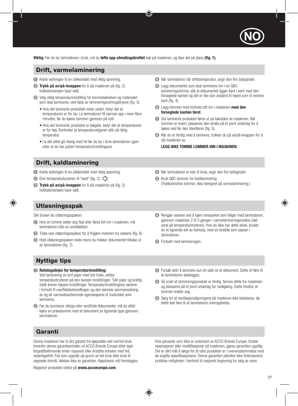 Drift, varmelaminering, Garanti, Nyttige tips | Utløsningsspak, Drift, kaldlaminering | GBC H312 HeatSeal User Manual | Page 27 / 38