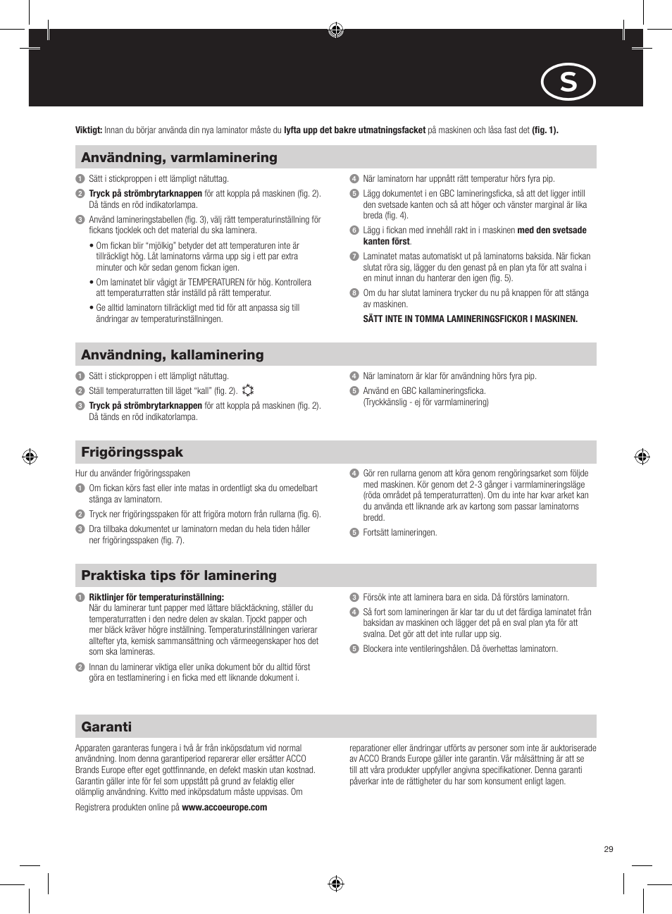 Användning, varmlaminering, Garanti, Praktiska tips för laminering | Frigöringsspak, Användning, kallaminering | GBC H312 HeatSeal User Manual | Page 29 / 38