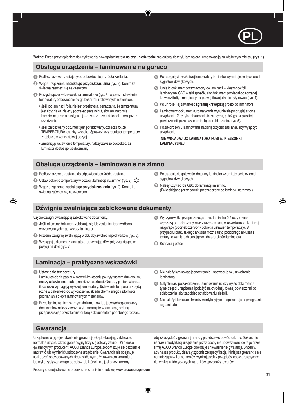 Obsługa urządzenia – laminowanie na gorąco, Gwarancja, Laminacja – praktyczne wskazówki | Dźwignia zwalniająca zablokowane dokumenty, Obsługa urządzenia – laminowanie na zimno | GBC H312 HeatSeal User Manual | Page 31 / 38