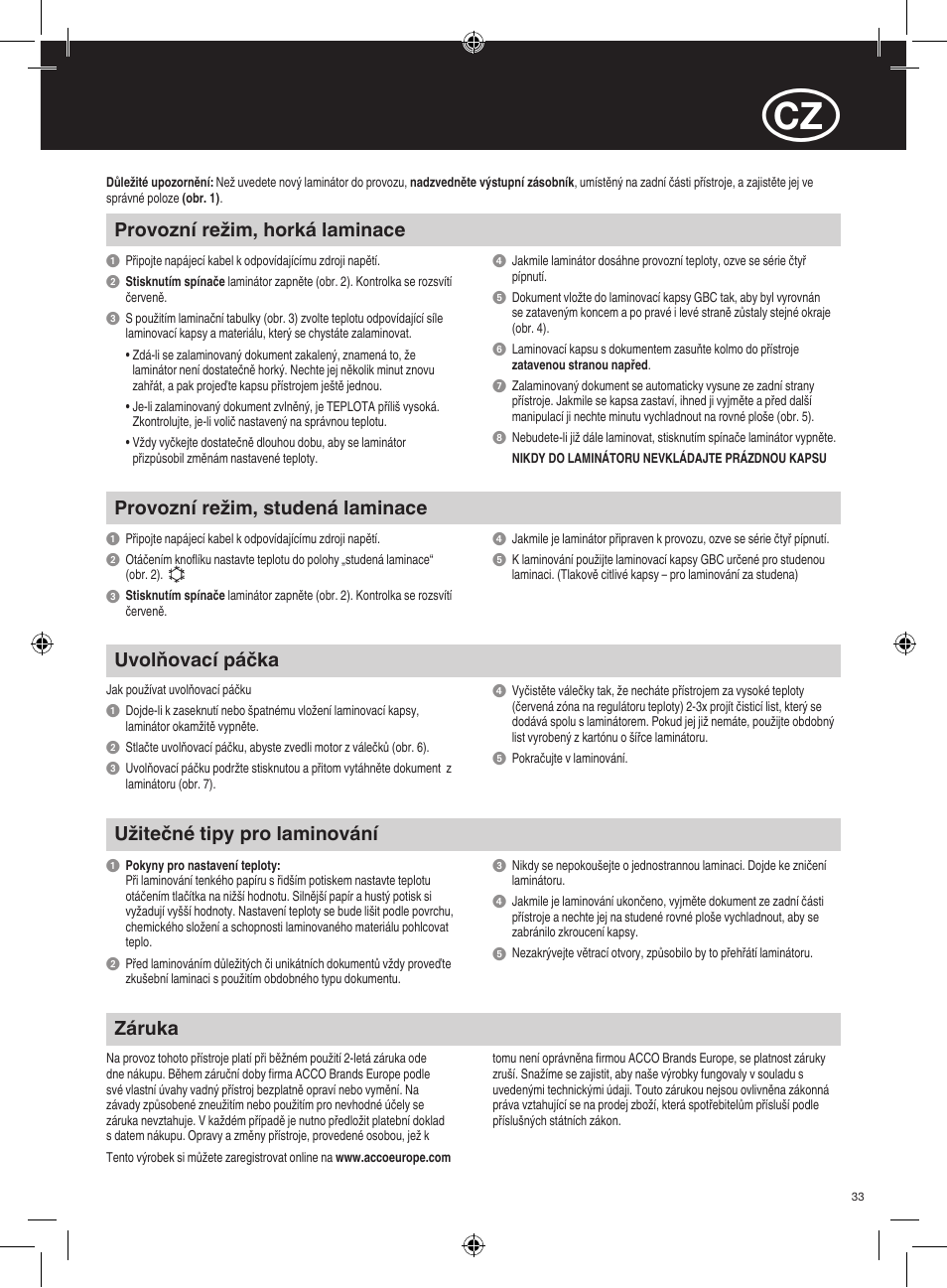 Provozní režim, horká laminace, Záruka, Užitečné tipy pro laminování | Uvolňovací páčka, Provozní režim, studená laminace | GBC H312 HeatSeal User Manual | Page 33 / 38