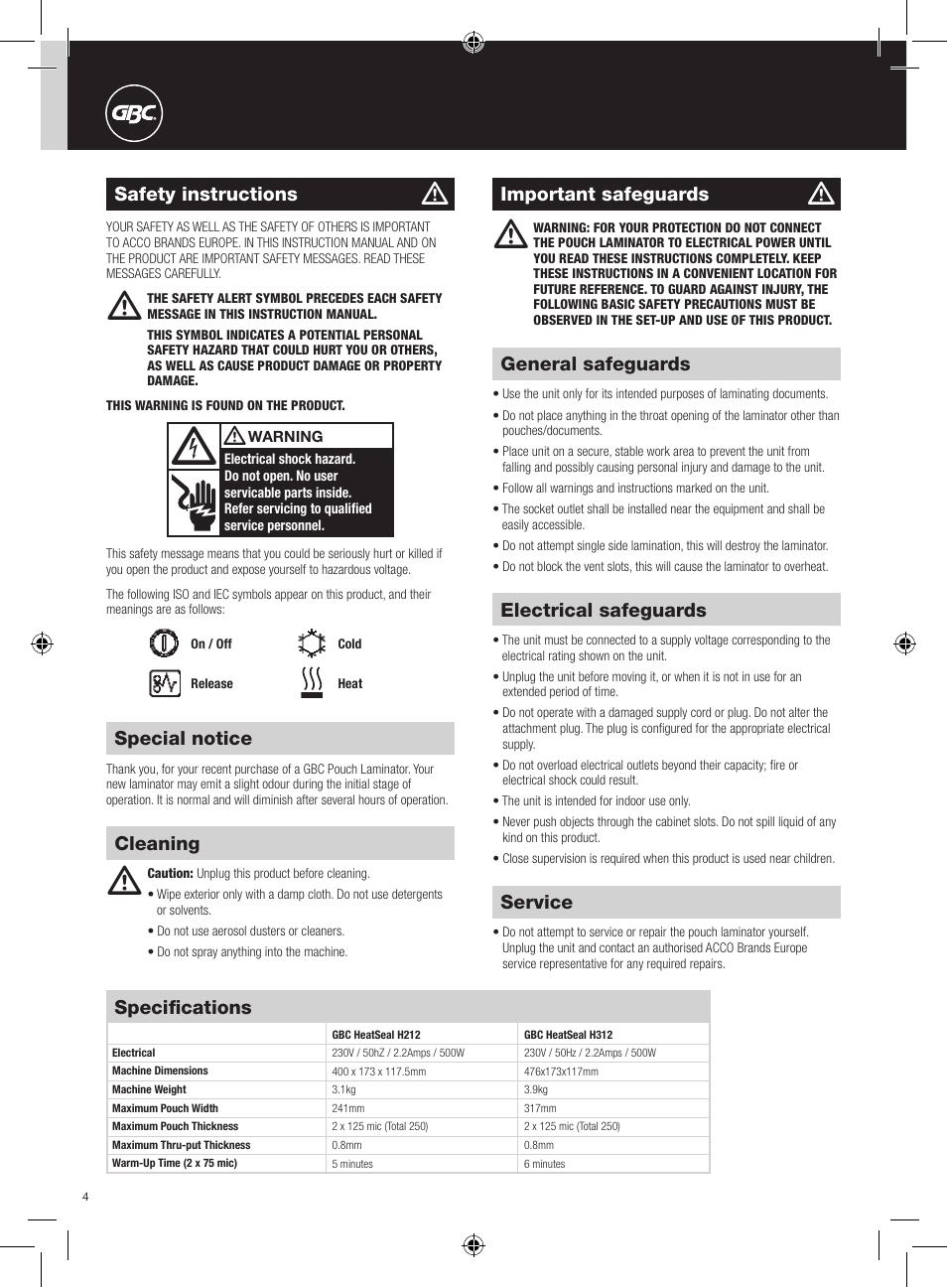 GBC H312 HeatSeal User Manual | Page 4 / 38
