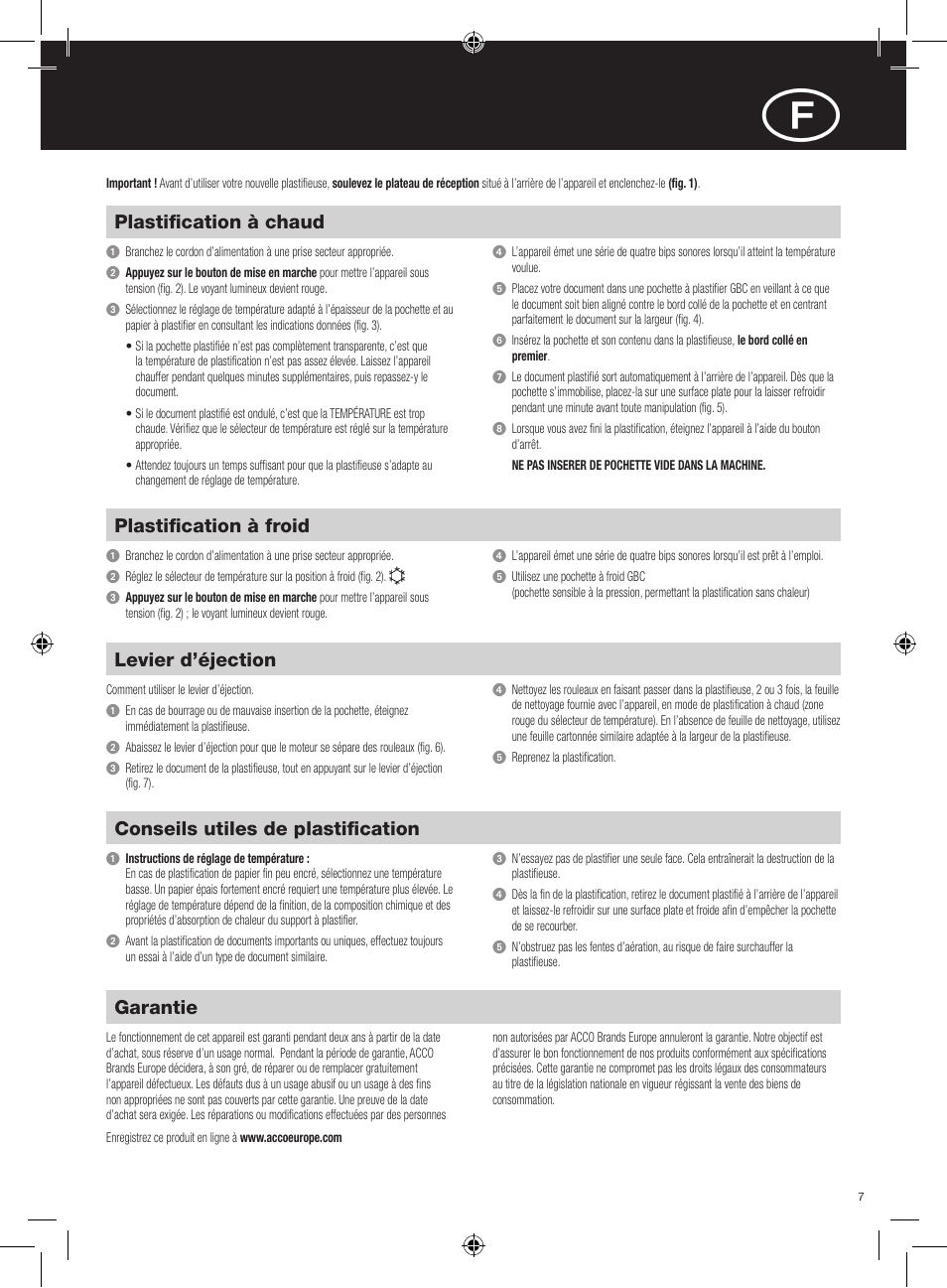 Garantie, Conseils utiles de plastification, Levier d’éjection | Plastification à froid, Plastification à chaud | GBC H312 HeatSeal User Manual | Page 7 / 38