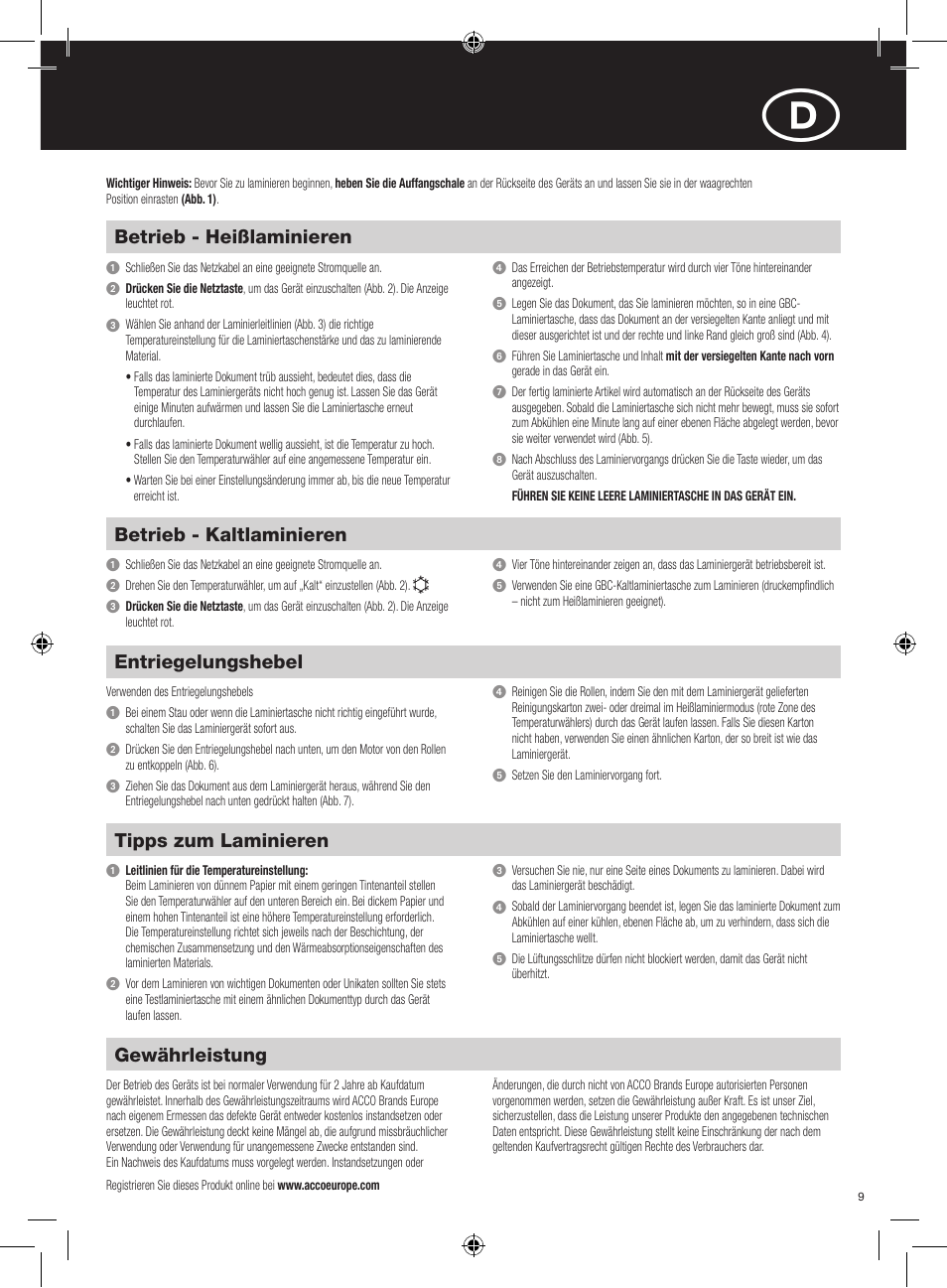 Gewährleistung, Tipps zum laminieren, Entriegelungshebel | Betrieb - kaltlaminieren, Betrieb - heißlaminieren | GBC H312 HeatSeal User Manual | Page 9 / 38
