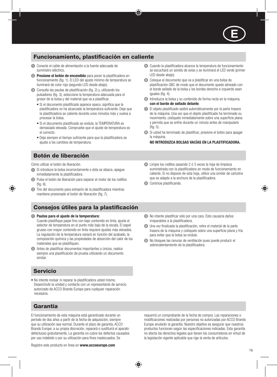 Garantía, Consejos útiles para la plastificación, Servicio | Medidas de seguridad importantes, Funcionamiento, plastificación en caliente, Botón de liberación | GBC H315 HeatSeal User Manual | Page 15 / 38