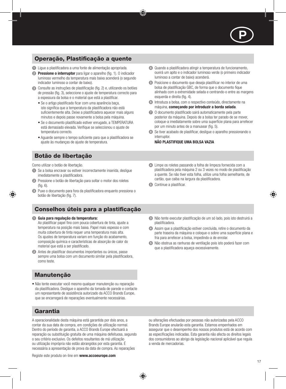 Garantia, Conselhos úteis para a plastificação, Manutenção | Operação, plastificação a quente, Botão de libertação | GBC H315 HeatSeal User Manual | Page 17 / 38
