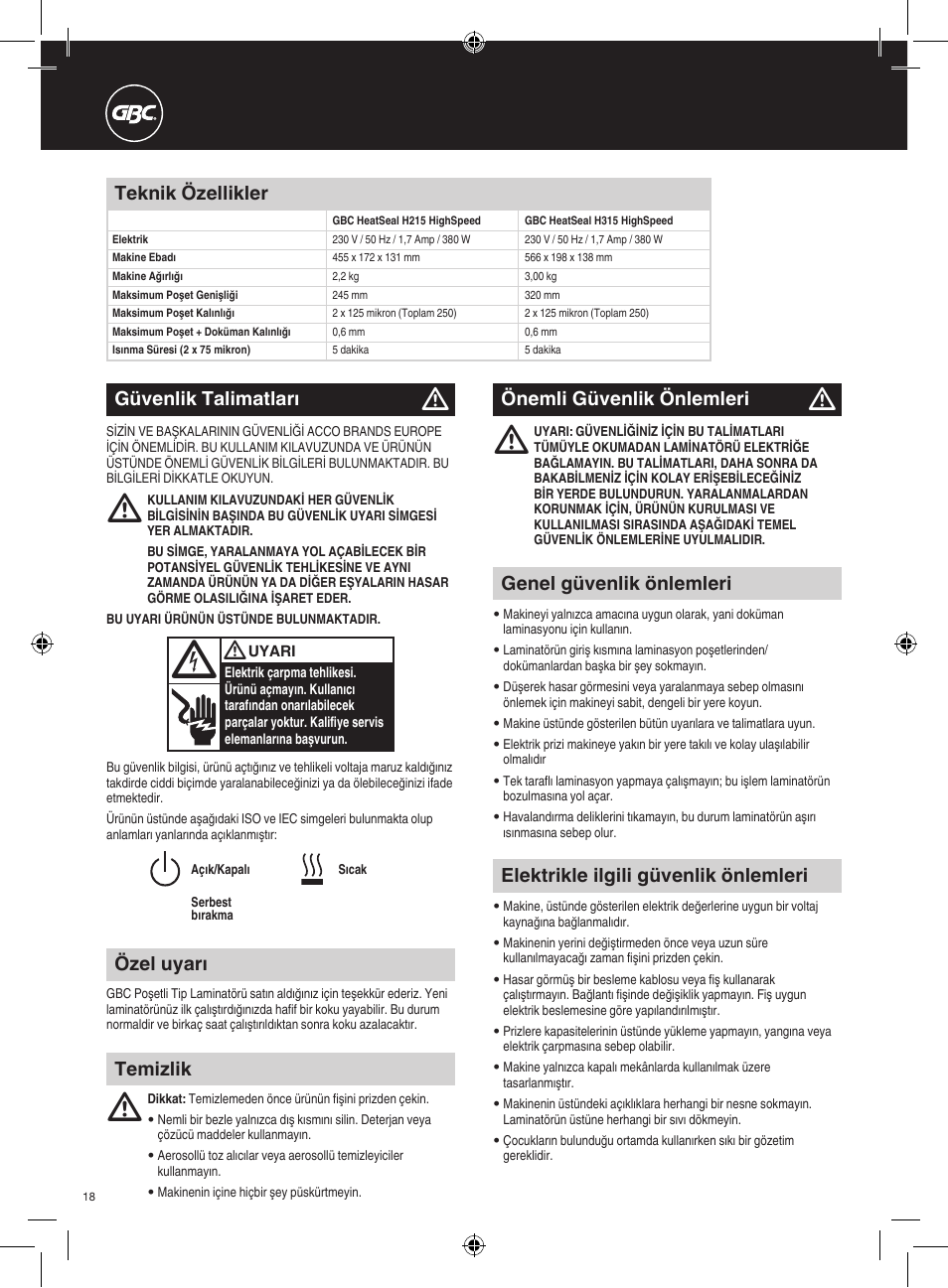 Özel uyarı, Elektrikle ilgili güvenlik önlemleri, Genel güvenlik önlemleri | Güvenlik talimatları, Önemli güvenlik önlemleri, Temizlik teknik özellikler | GBC H315 HeatSeal User Manual | Page 18 / 38