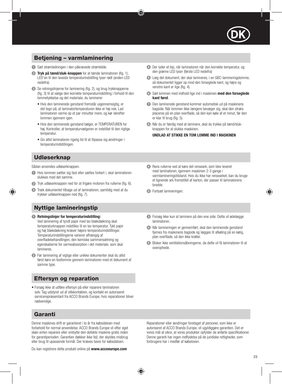 Garanti, Nyttige lamineringstip, Eftersyn og reparation | Betjening – varmlaminering, Udløserknap | GBC H315 HeatSeal User Manual | Page 23 / 38