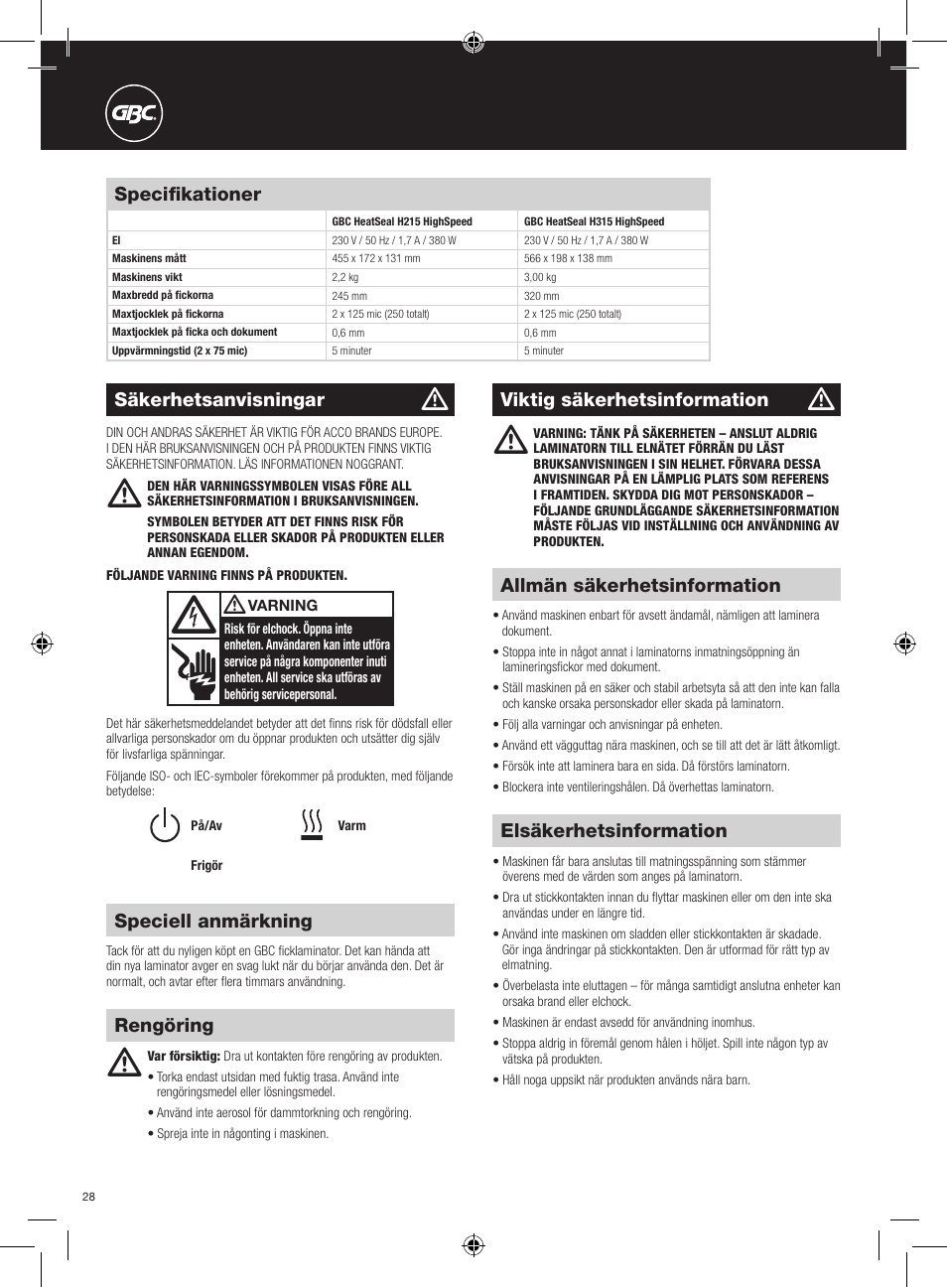 GBC H315 HeatSeal User Manual | Page 28 / 38