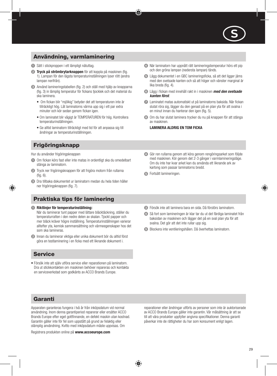 Garanti, Praktiska tips för laminering, Service | Användning, varmlaminering, Frigöringsknapp | GBC H315 HeatSeal User Manual | Page 29 / 38