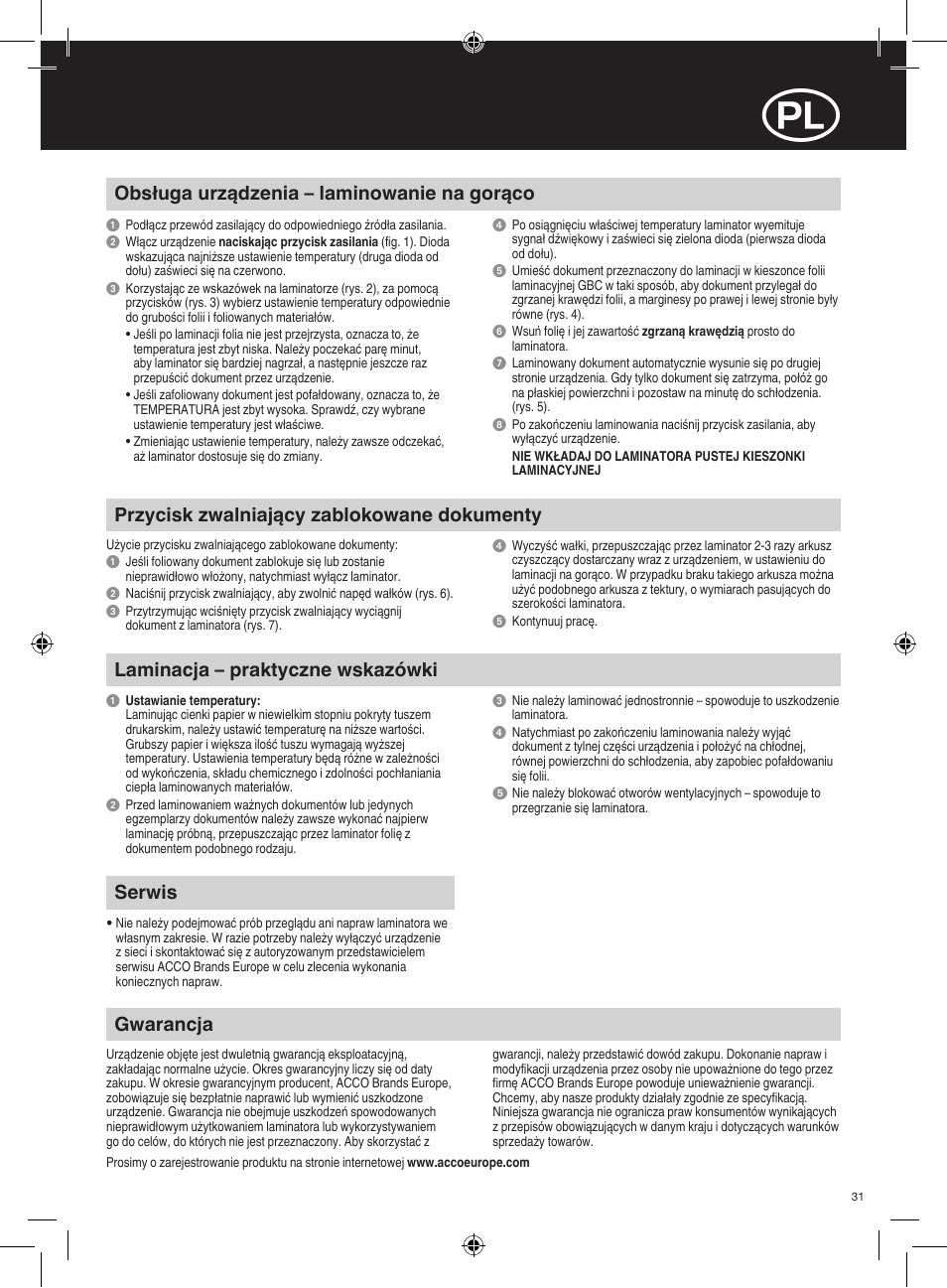 Gwarancja, Laminacja – praktyczne wskazówki, Serwis | Obsługa urządzenia – laminowanie na gorąco, Przycisk zwalniający zablokowane dokumenty | GBC H315 HeatSeal User Manual | Page 31 / 38
