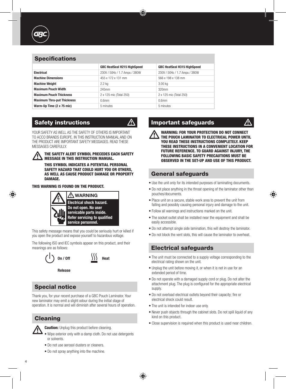 GBC H315 HeatSeal User Manual | Page 4 / 38