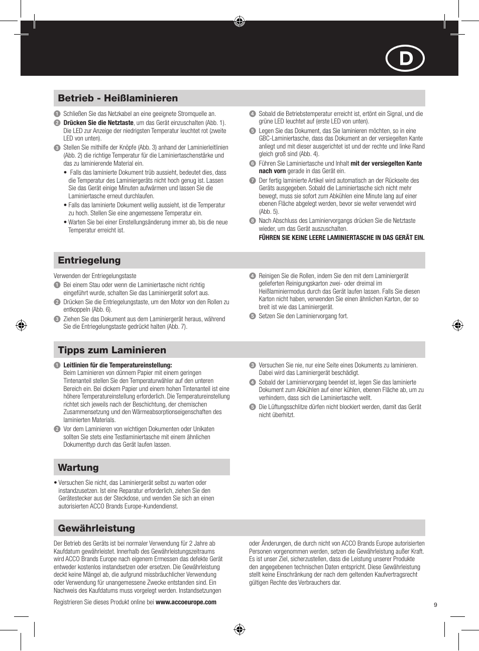 Gewährleistung, Tipps zum laminieren, Wartung | Betrieb - heißlaminieren, Entriegelung | GBC H315 HeatSeal User Manual | Page 9 / 38