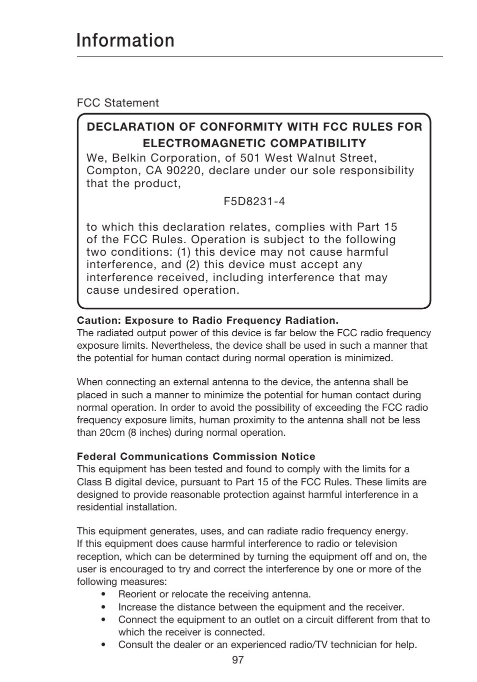 Information | Belkin N1 WIRELESS ROUTER P75170EI User Manual | Page 101 / 104