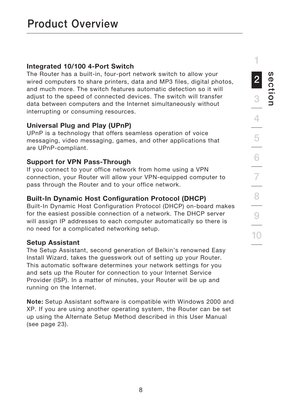 Product overview, Se c tio n | Belkin N1 WIRELESS ROUTER P75170EI User Manual | Page 12 / 104