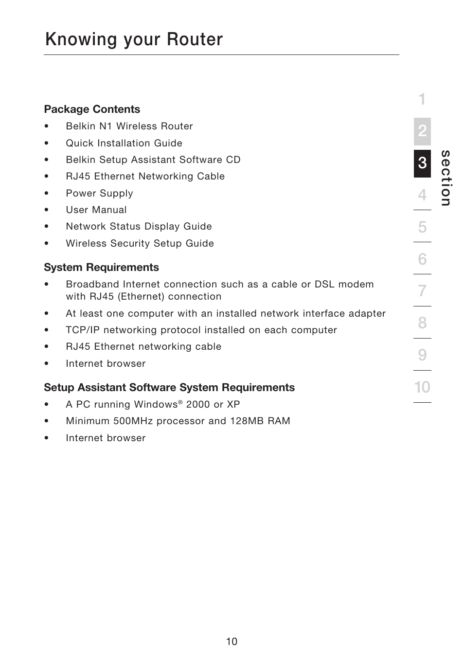 Knowing your router, Se c tio n | Belkin N1 WIRELESS ROUTER P75170EI User Manual | Page 14 / 104