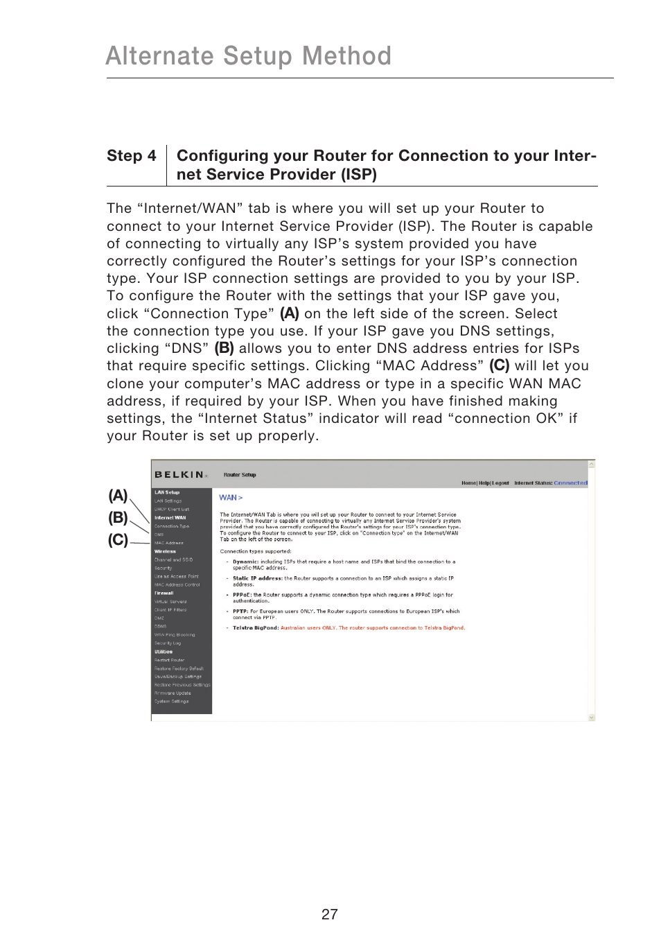 Alternate setup method | Belkin N1 WIRELESS ROUTER P75170EI User Manual | Page 31 / 104